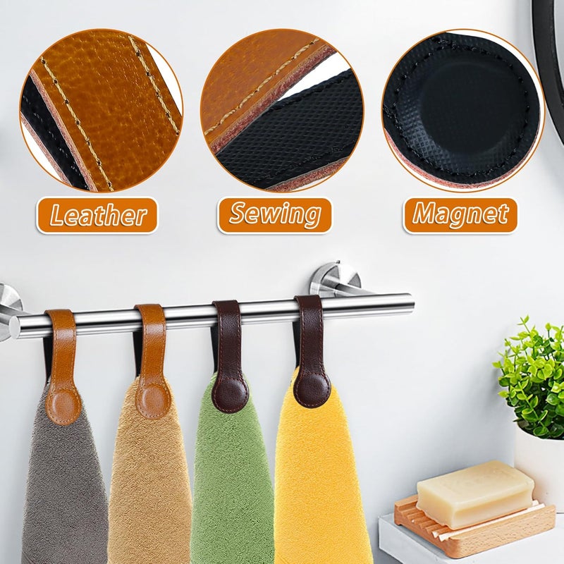 Sozize Leather Magnetic Kitchen and Bathroom Towel Clips for Oven Handle, Towel Rods or Racks (4, Light Brown) - Image 4